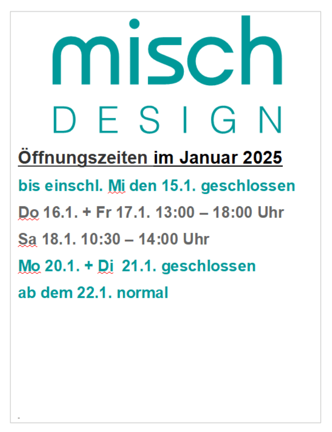 Foto von Text Öffnungszeiten Januar 2025